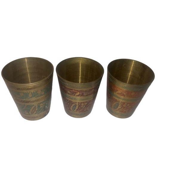 3 Vintage Brass Etched Hand Painted Shot Glass Made in India Circa WWII VTG GUC - Picture 7 of 14